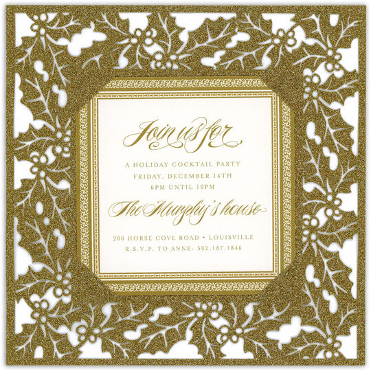 Gold Glittered Holly Die-cut Frame Invitations
